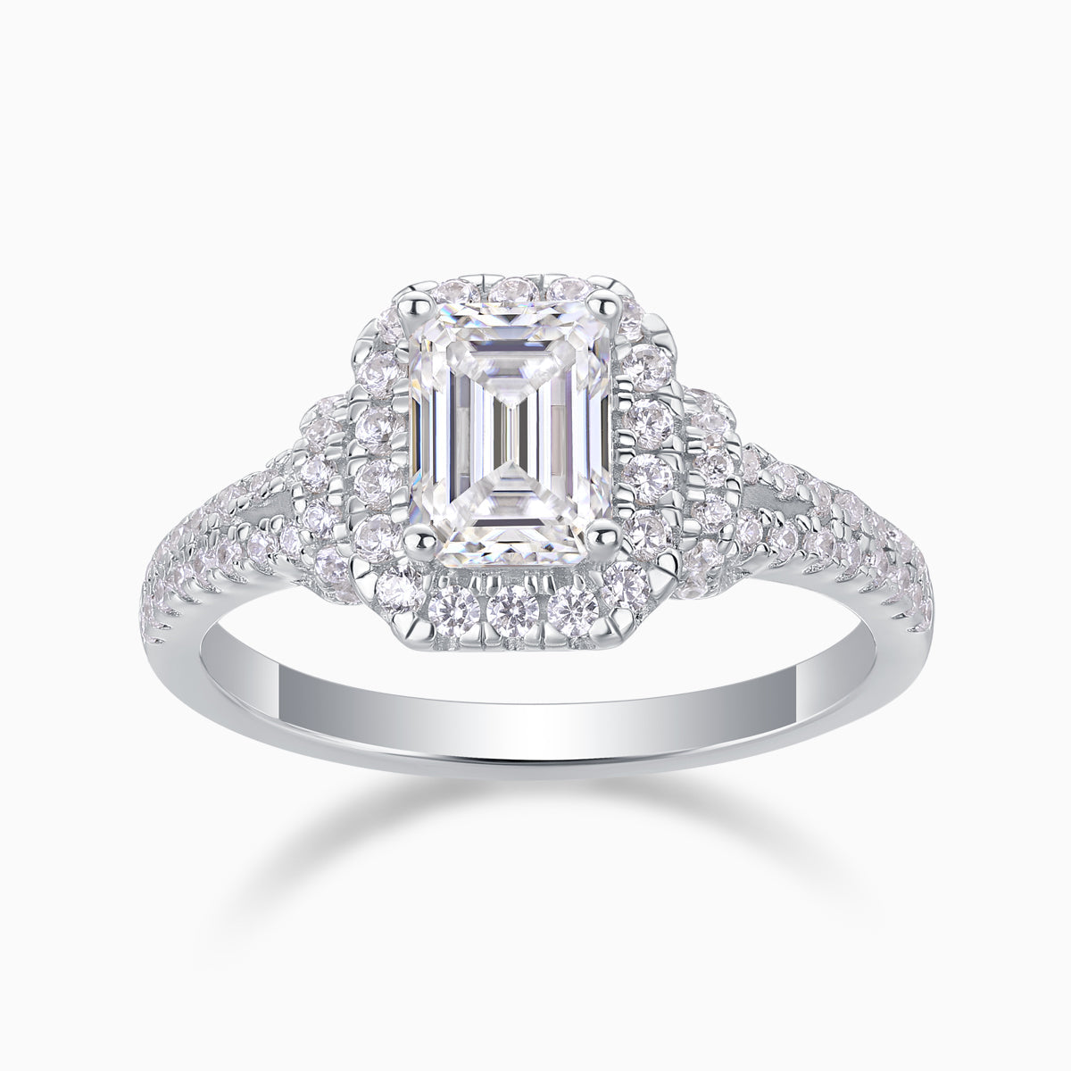 Emerald-cut halo moissanite ring, double pavé split shank, white gold vermeil