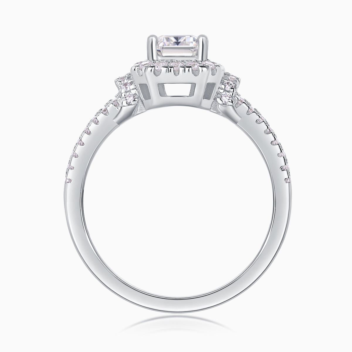 Band and prongs of emerald-cut halo moissanite ring with pavé detail