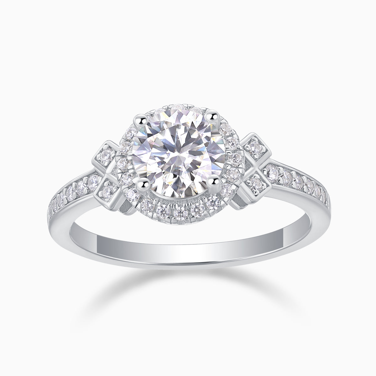 Round halo art deco cross pavé ring with round center stone, white-gold look