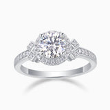 Round halo art deco cross pavé ring with round center stone, white-gold look