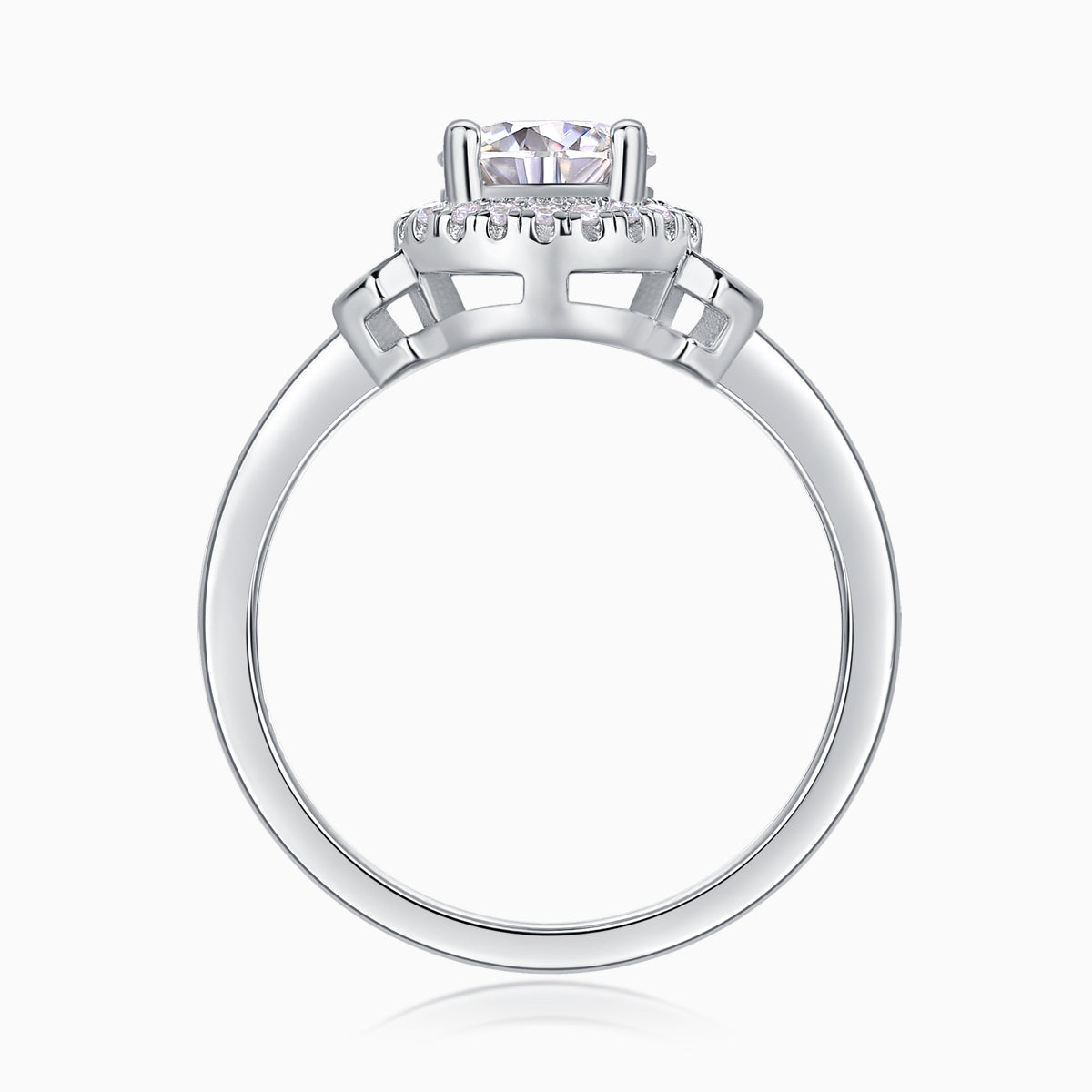 Back view of round halo art deco cross pavé ring with prong-set center stone