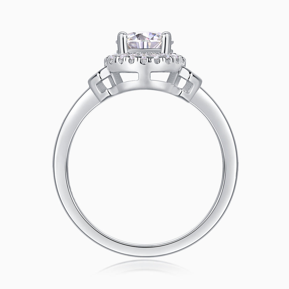 Back view of round halo art deco cross pavé ring with prong-set center stone