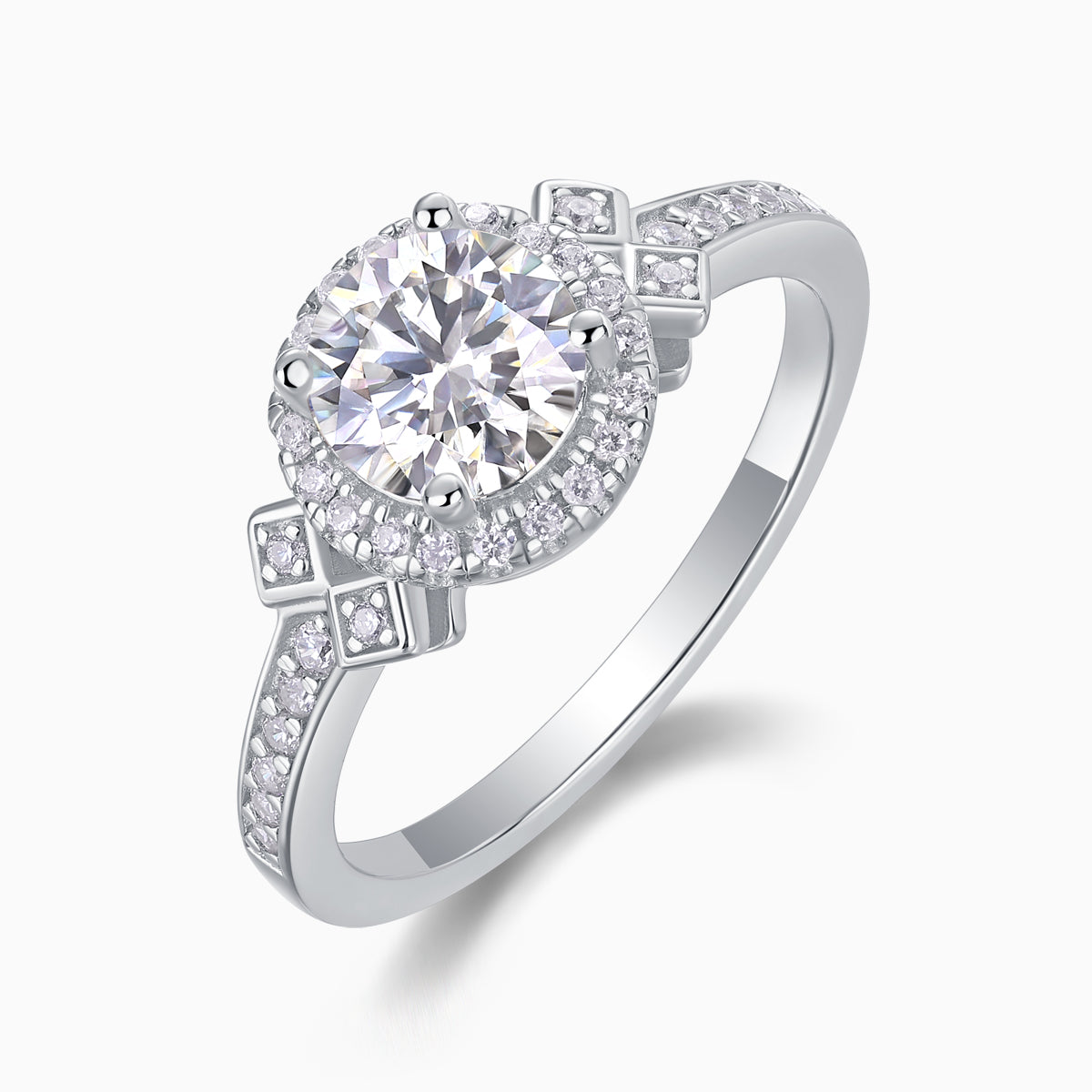 Side view of round halo art deco cross pavé ring with halo stones and cross accents