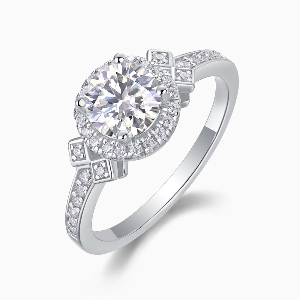 Side view of round halo art deco cross pavé ring with halo stones and cross accents