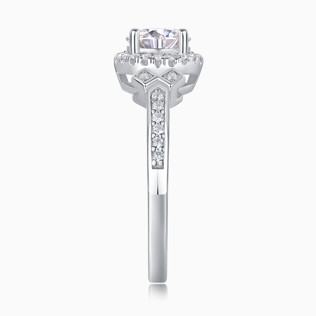 Close-up of round halo art deco cross pavé ring setting with prongs and side pavé