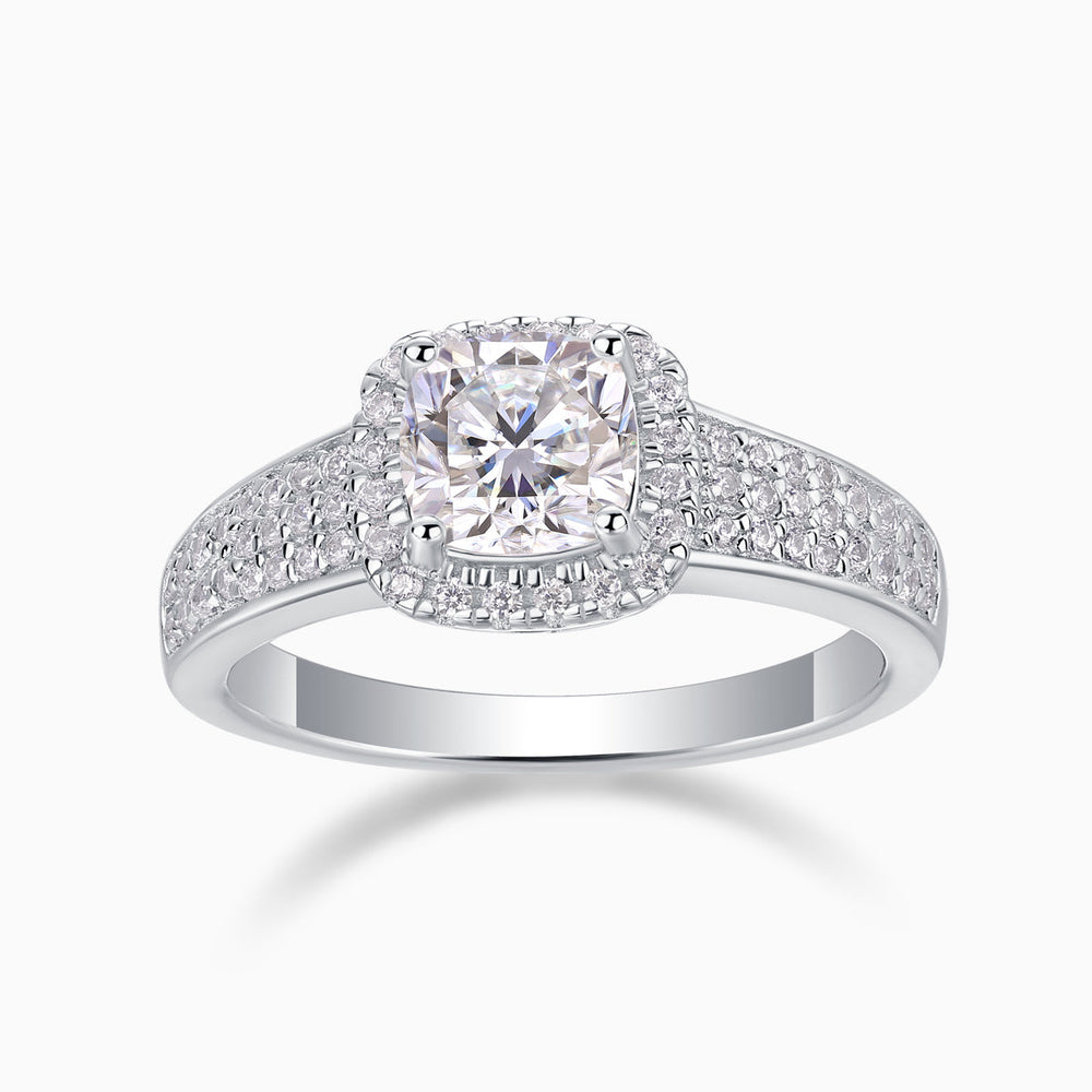 Cushion halo moissanite ring with triple pavé split shank, white gold vermeil