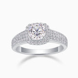 Cushion halo moissanite ring with triple pavé split shank, white gold vermeil