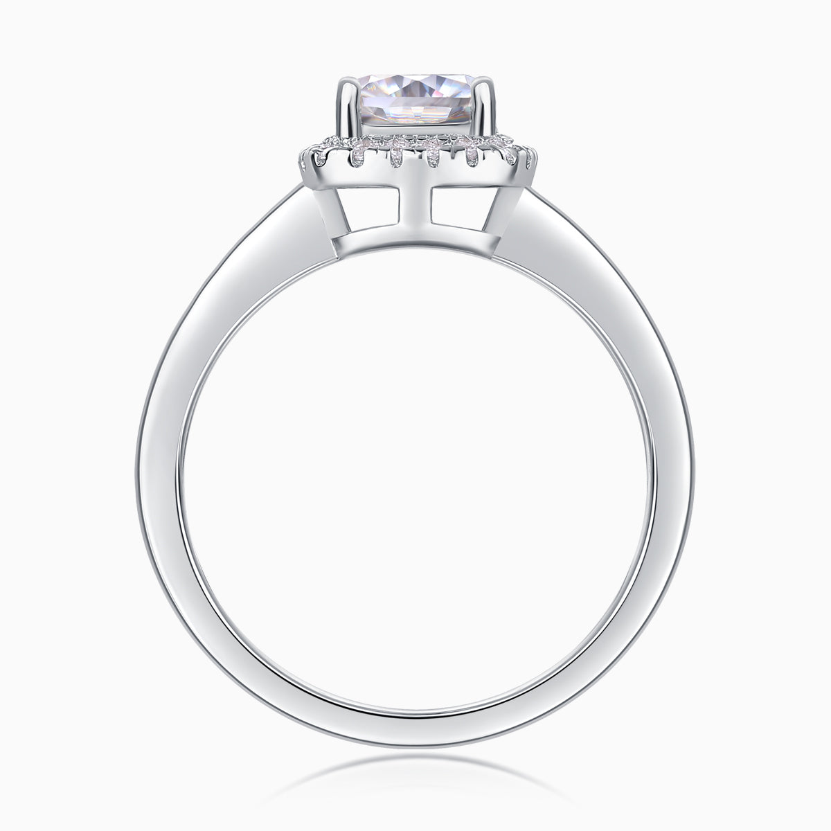 Top view: cushion cut moissanite center stone with halo prongs, white gold vermeil ring