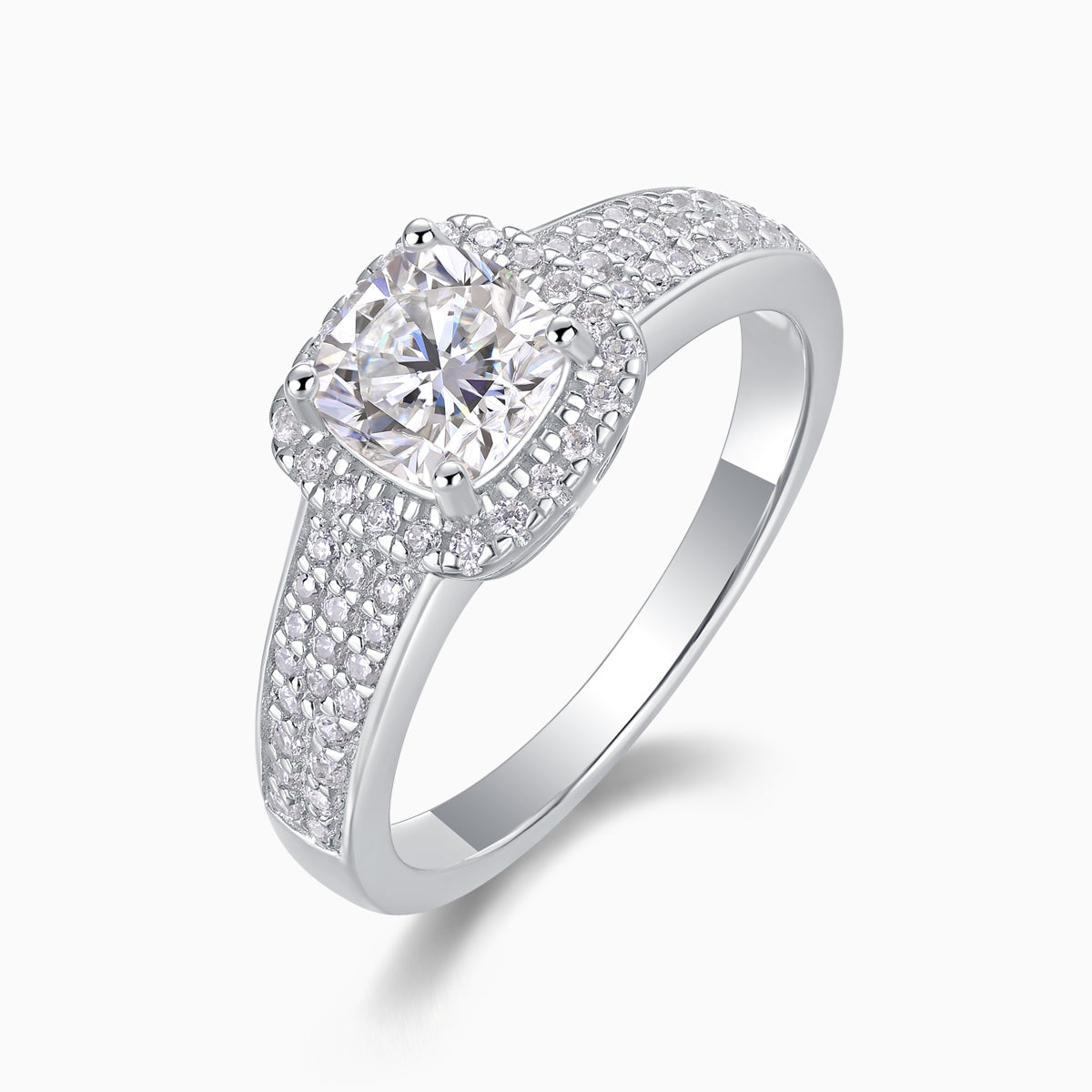 Side view of cushion halo moissanite ring with triple pavé split shank, white gold vermeil