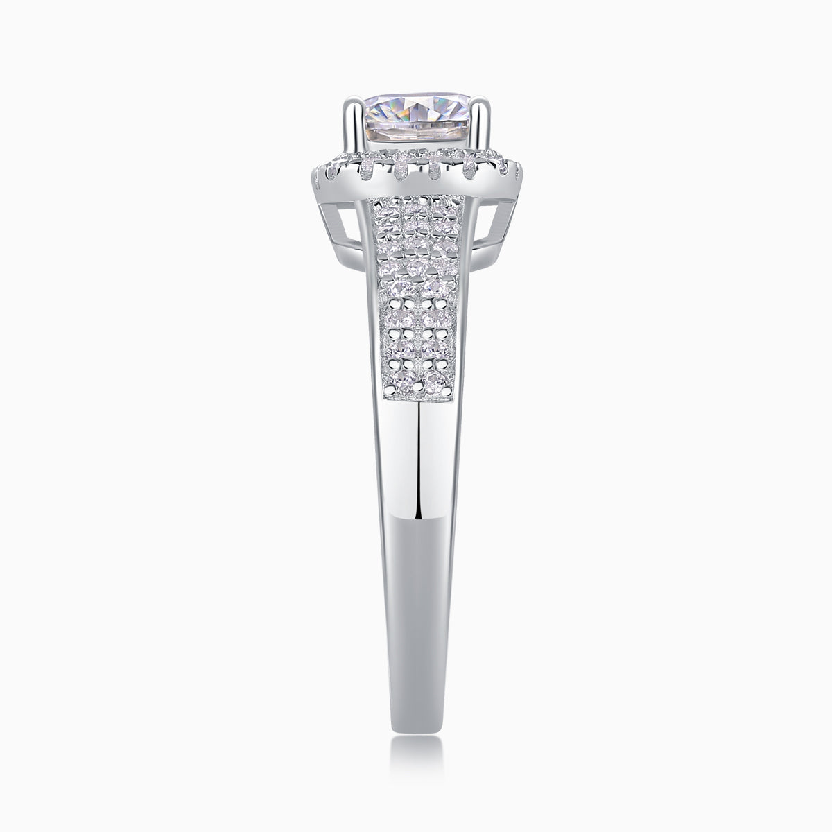 Three-row pavé split shank with cushion moissanite center, white gold vermeil