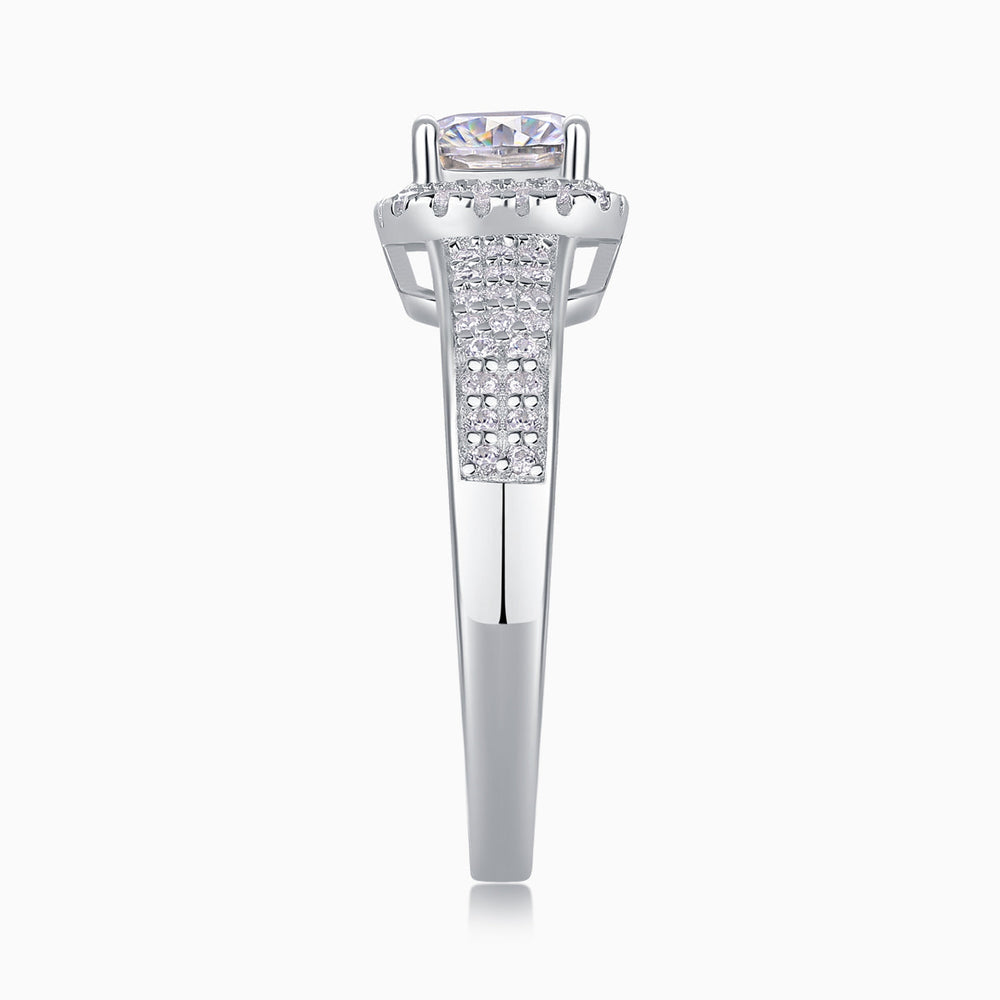 Three-row pavé split shank with cushion moissanite center, white gold vermeil