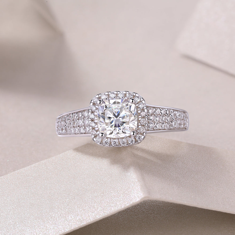 Cushion cut halo moissanite ring with triple pavé band, white gold vermeil