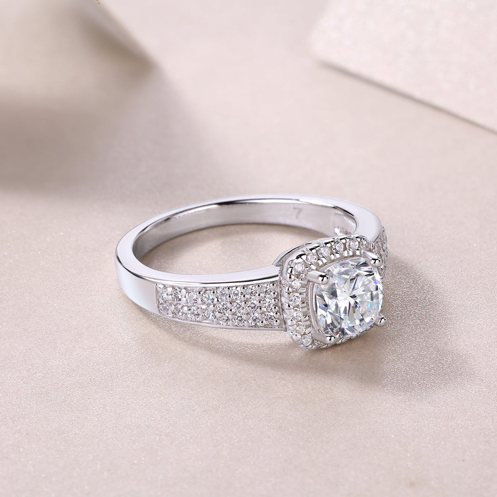 Cushion halo moissanite ring with pavé split shank, round-prong setting, white gold vermeil
