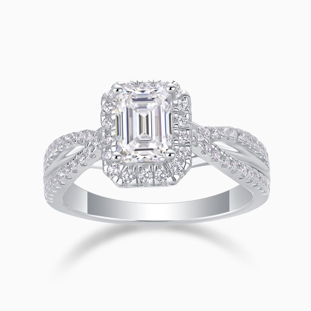 Emerald-cut halo moissanite ring, twisted pavé shank, white gold vermeil finish