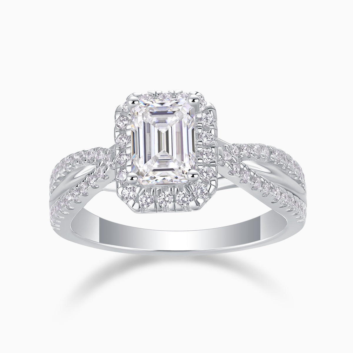 Emerald-cut halo moissanite ring, twisted pavé shank, white gold vermeil finish