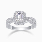 Emerald-cut halo moissanite ring, twisted pavé shank, white gold vermeil finish