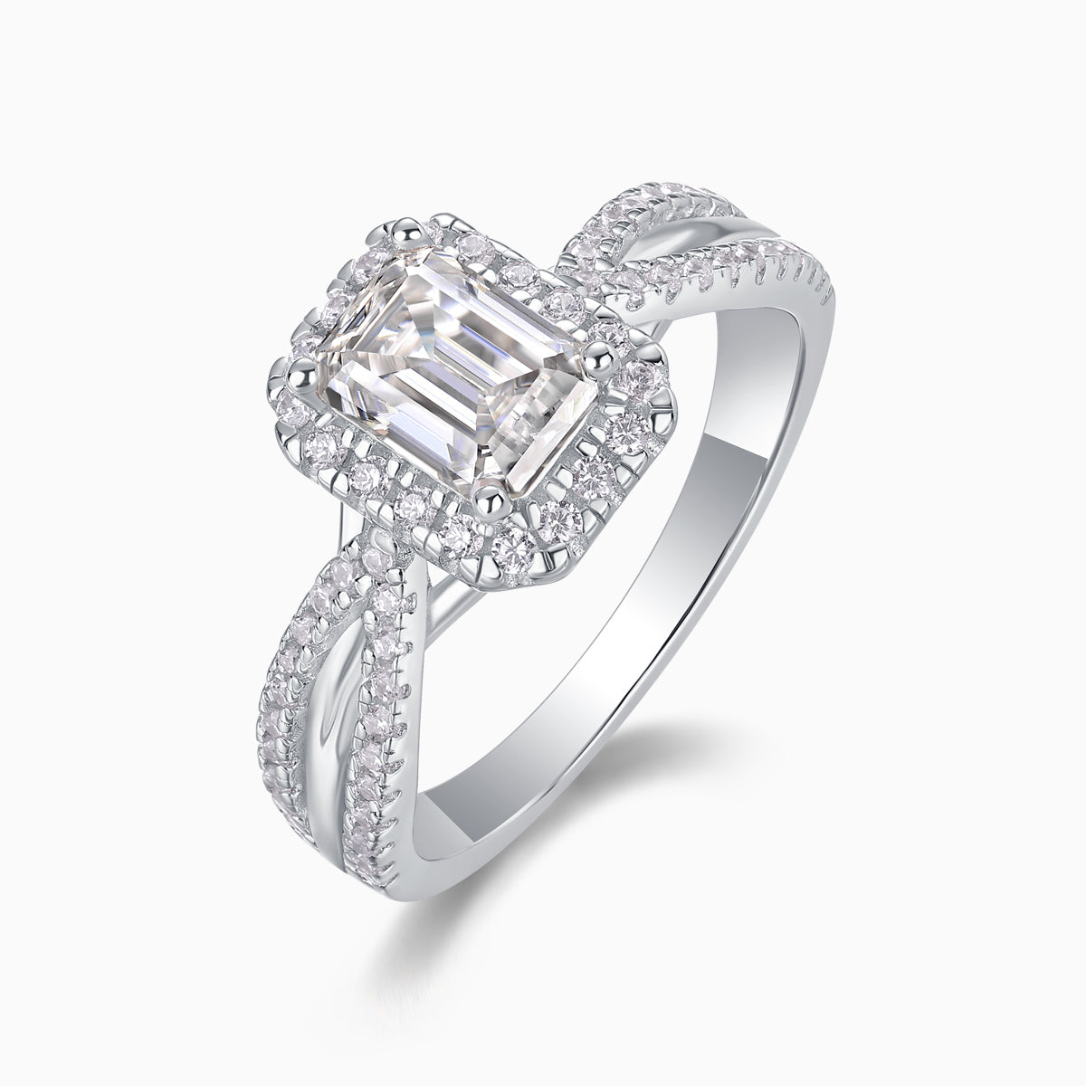 Emerald-cut halo moissanite ring with twisted pavé band, white metal