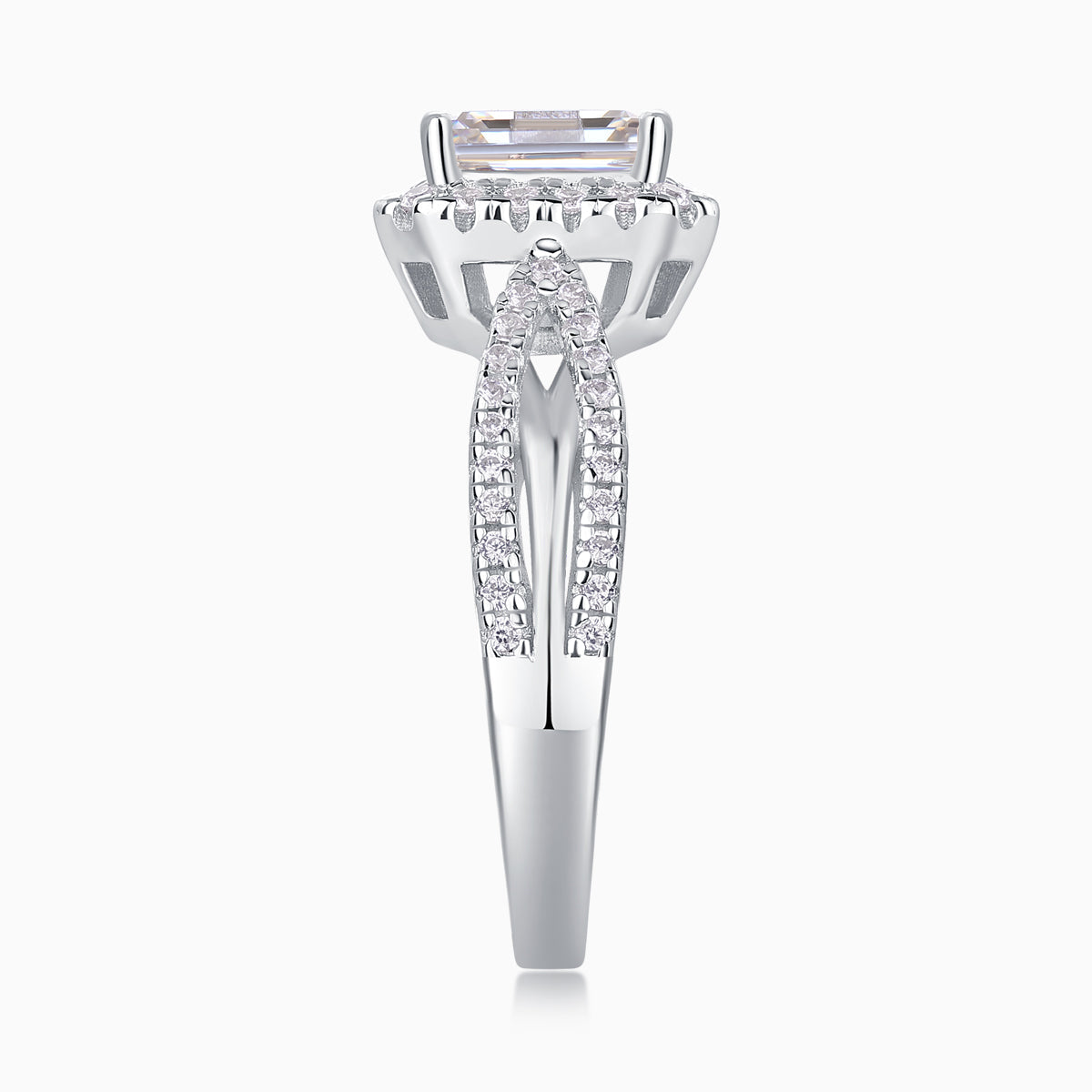 Front view of emerald-cut halo moissanite ring with twisted pavé side stones, white metal