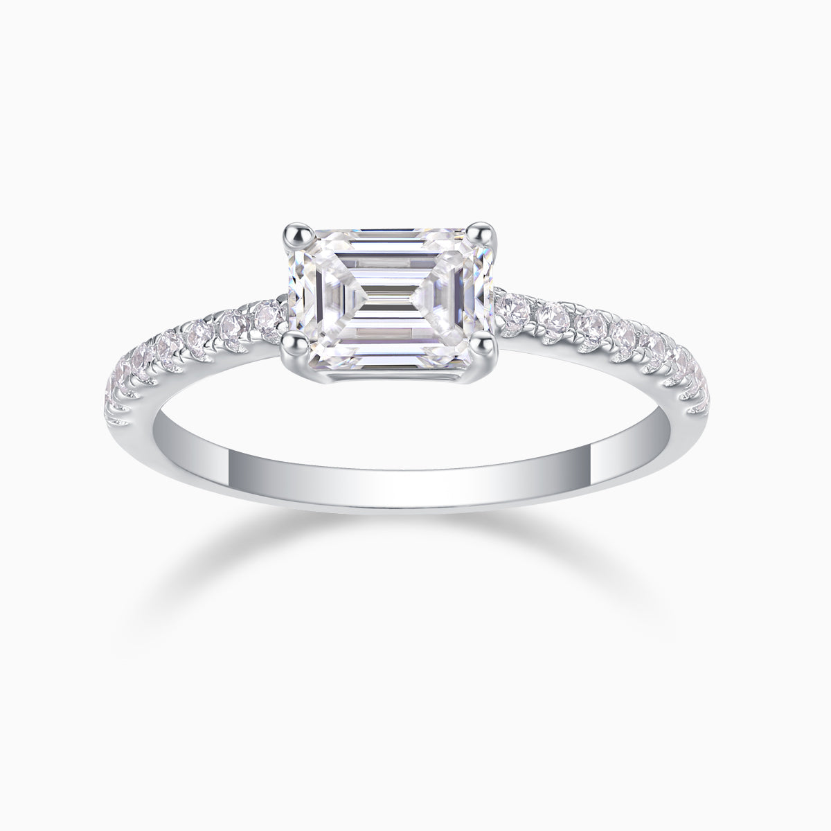 Emerald-cut moissanite ring with pavé shoulders, white gold tone, square center stone