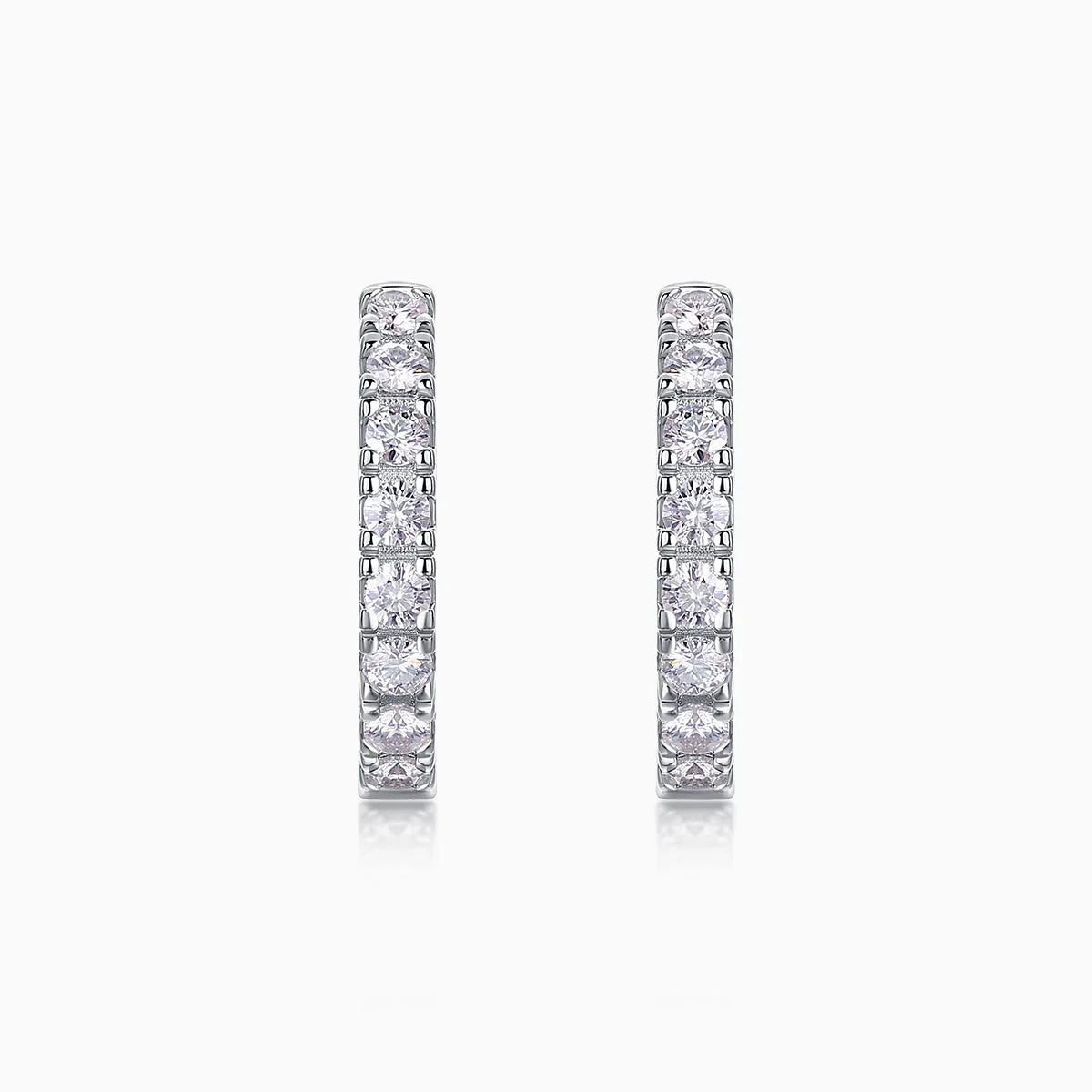 White gold vermeil huggie hoop earrings, single row moissanite in shared prong settings