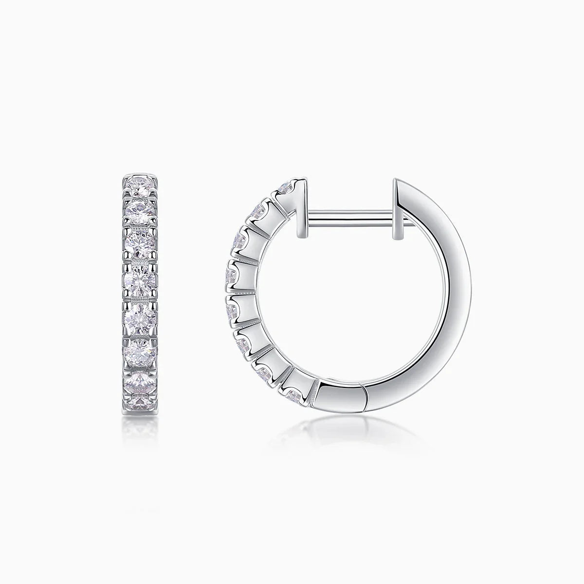 Moissanite huggie hoop earring, shared prong stone row with clasp open, white gold tone