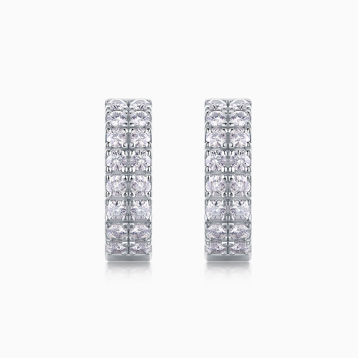 Pair of double-row huggie hoops with square moissanite pavé in white-gold vermeil