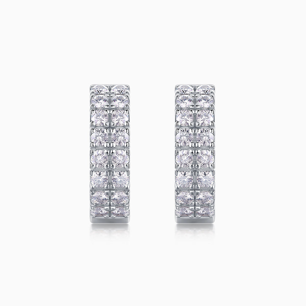Pair of double-row huggie hoops with square moissanite pavé in white-gold vermeil