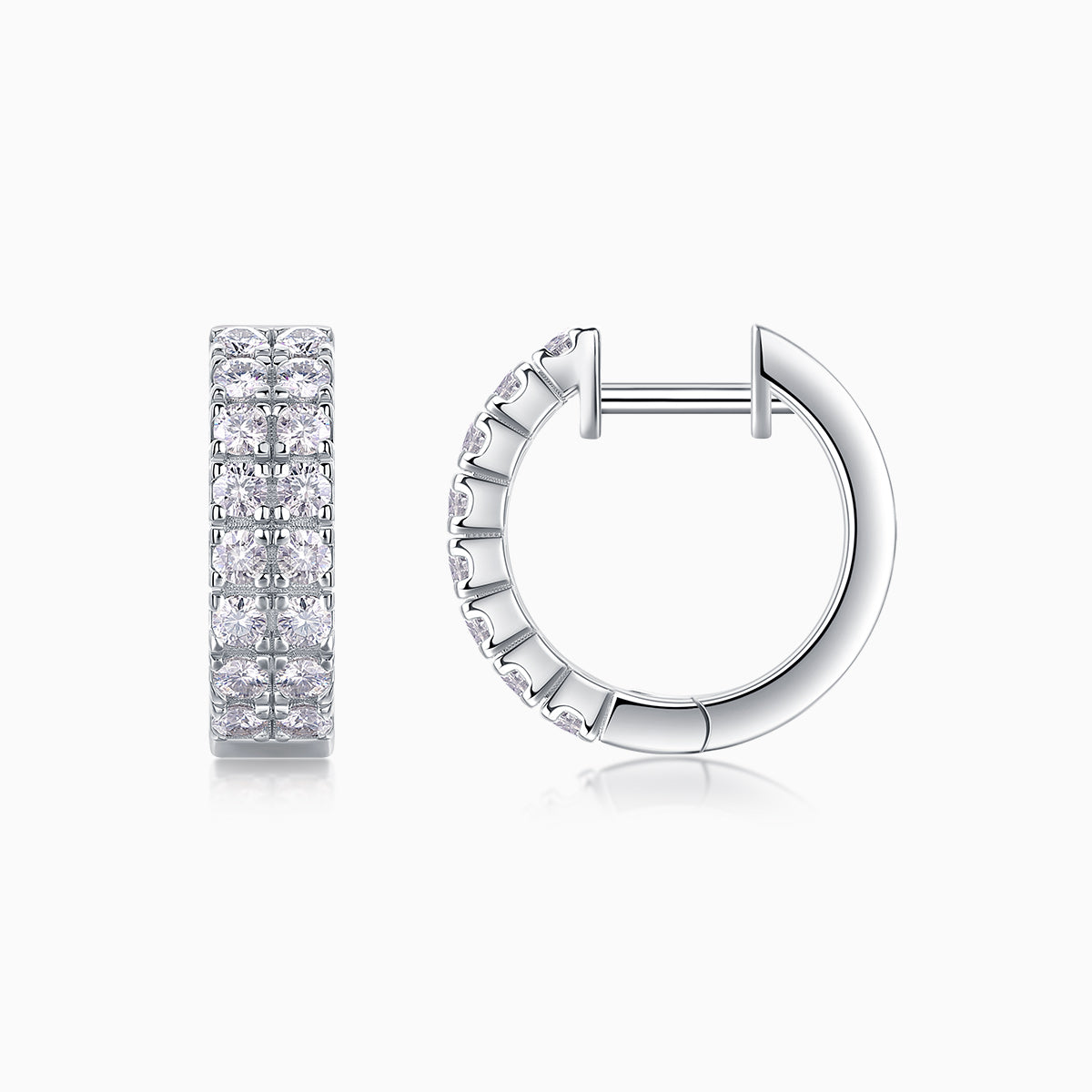 Double-row huggie hoops, clear moissanite stones in white-gold vermeil band
