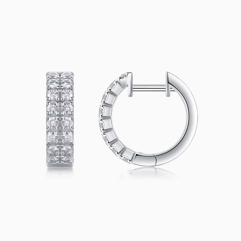 Double-row huggie hoops, clear moissanite stones in white-gold vermeil band