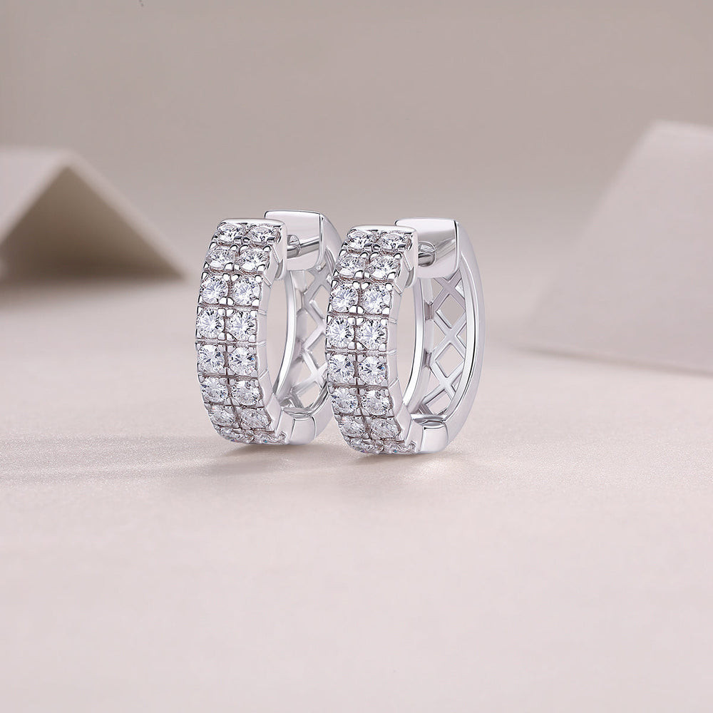 Wide huggie hoops with double-row moissanite pavé and geometric lattice side detail
