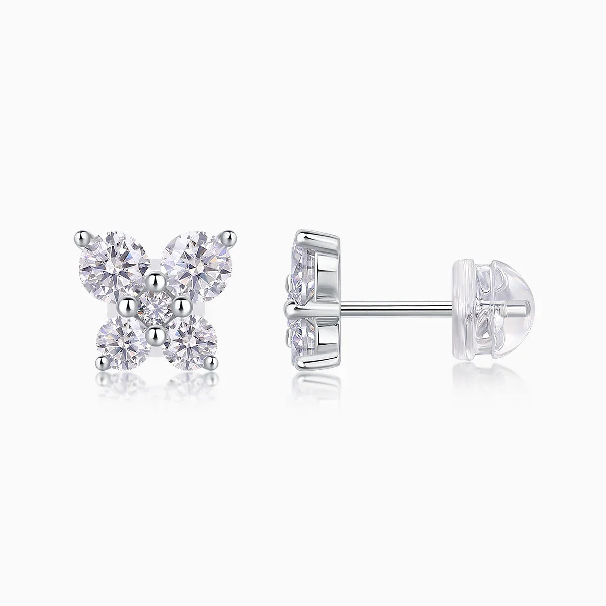 Clover cluster moissanite stud earrings front and back, four round stones, vermeil
