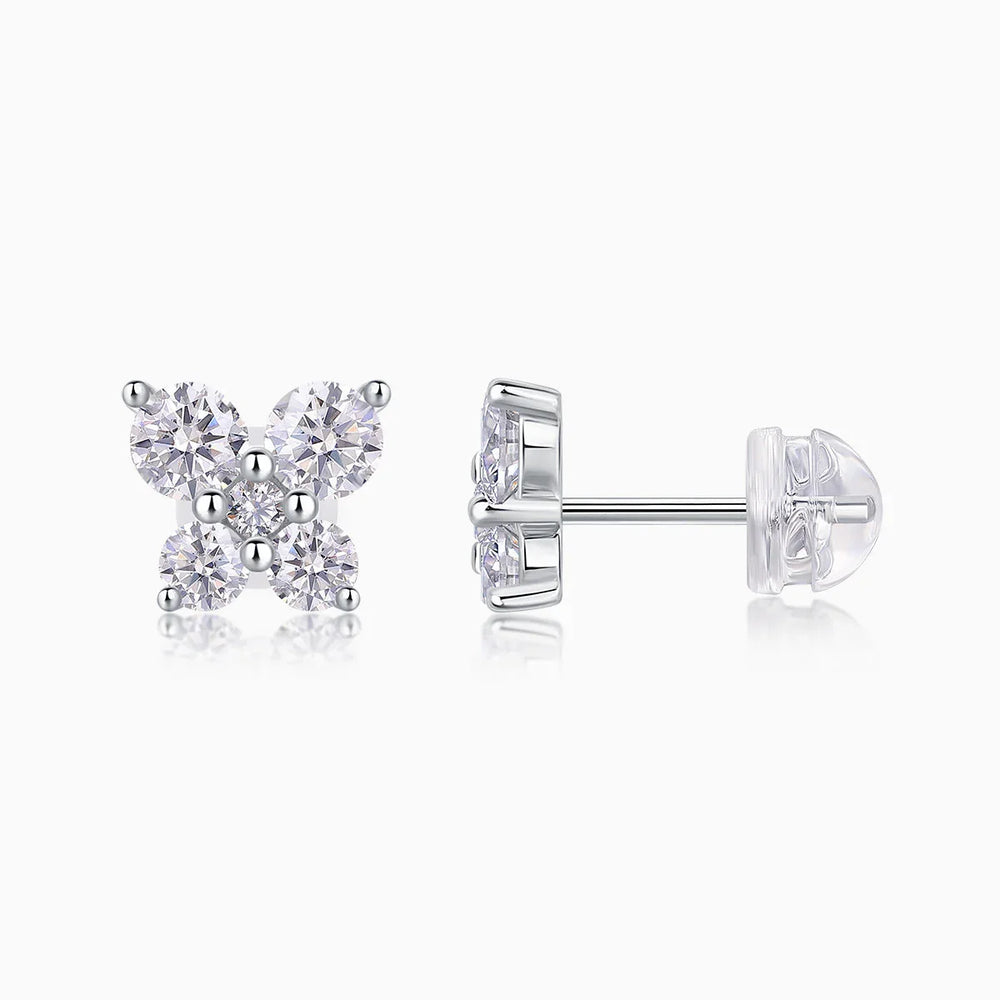 Clover cluster moissanite stud earrings front and back, four round stones, vermeil