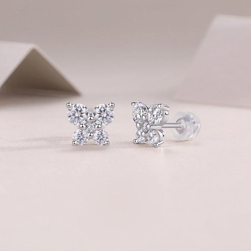 Clover moissanite studs with back and post, four round stones in white gold