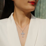 Moissanite cross pendant necklace with pavé floral cross, white gold tone, delicate chain