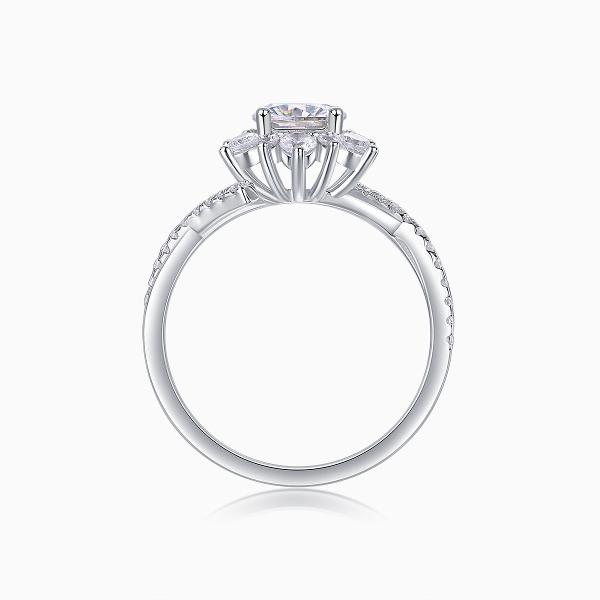 Top view of round halo engagement ring with cathedral prongs and pavé shank