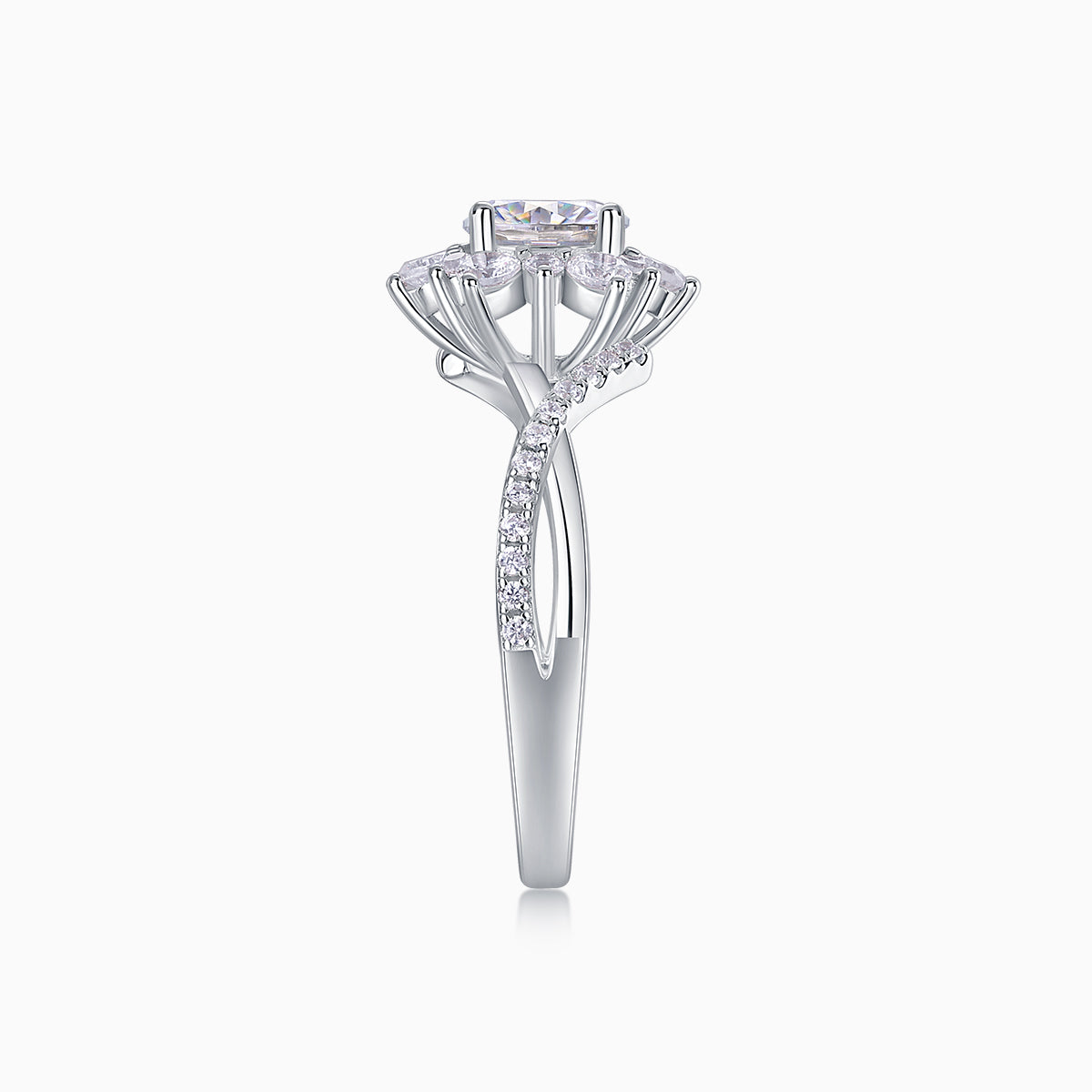 Angled view of halo moissanite engagement ring with rectangular center stone and pavé shank