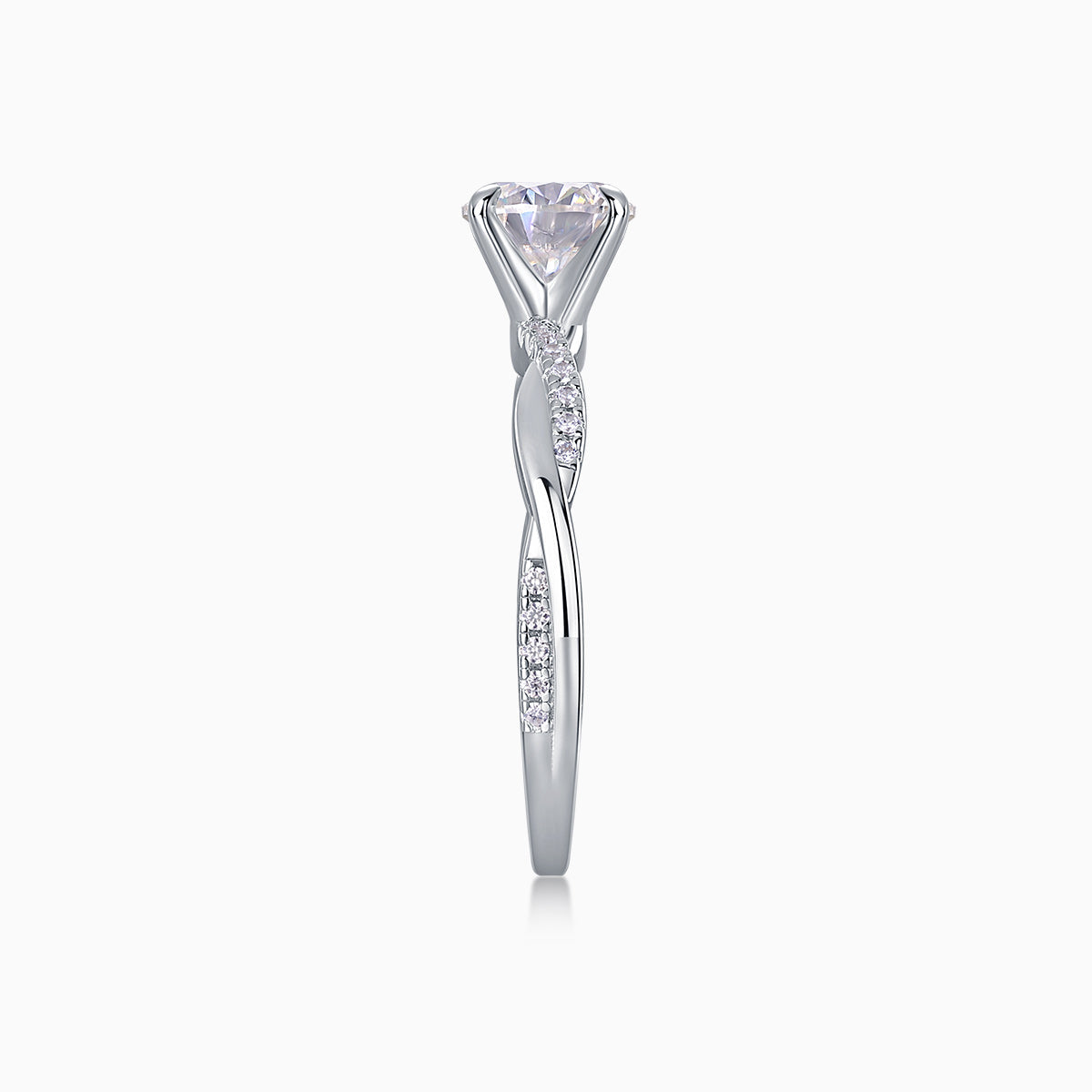 Round cut moissanite pavé wedding ring, side profile with round center stone and pavé band