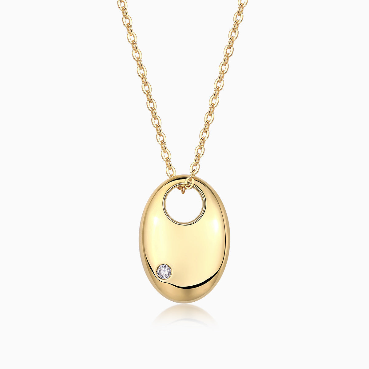 Oval dome pendant necklace with round moissanite accent; yellow gold vermeil chain