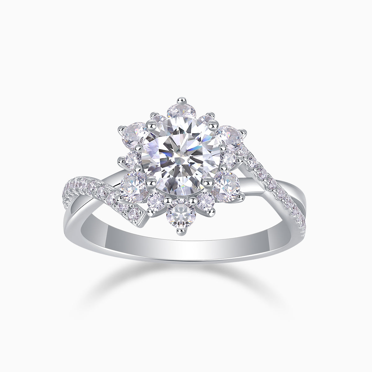 Round halo twist engagement ring with large center moissanite and split pavé band