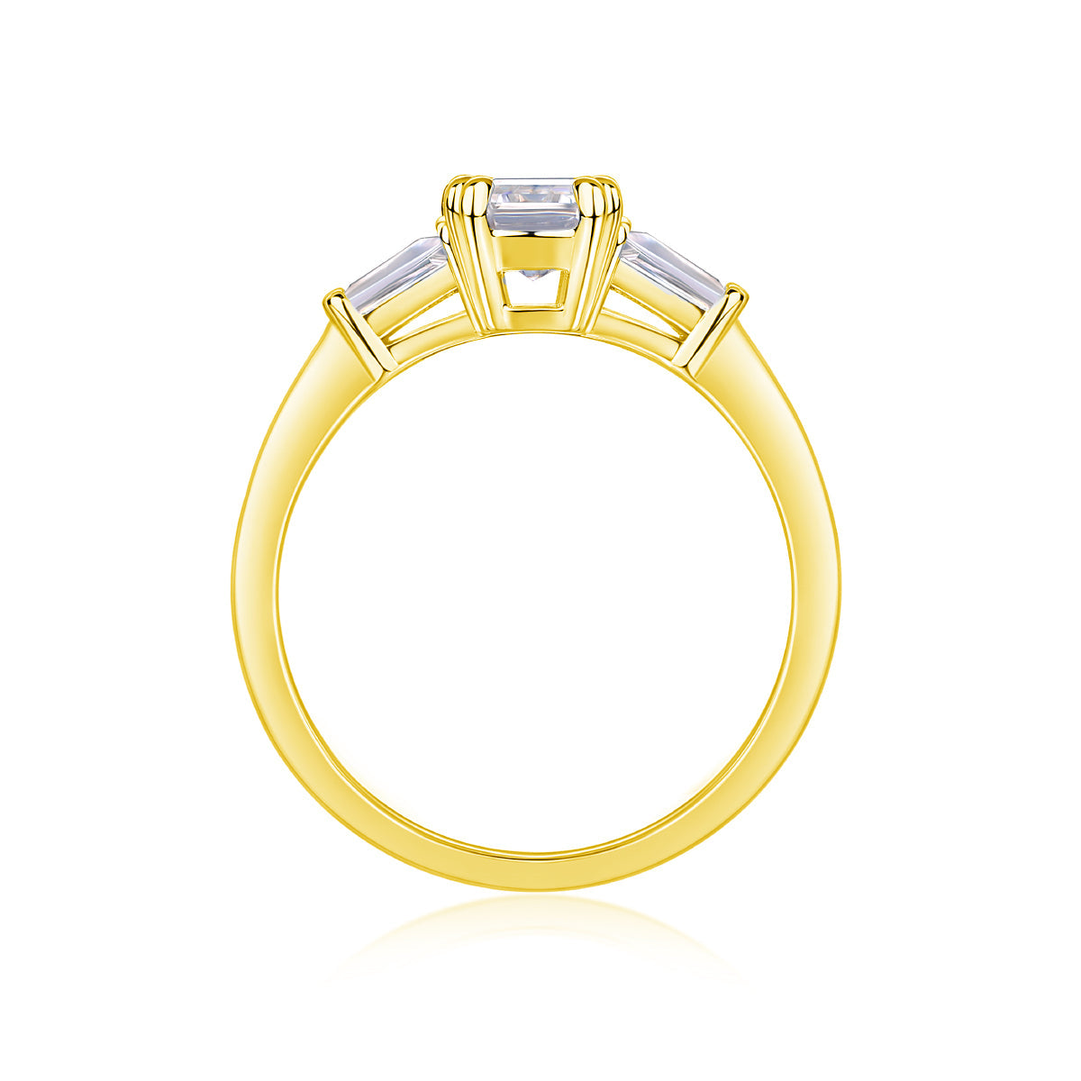Yellow gold vermeil three-stone emerald-cut moissanite ring, top view of center setting