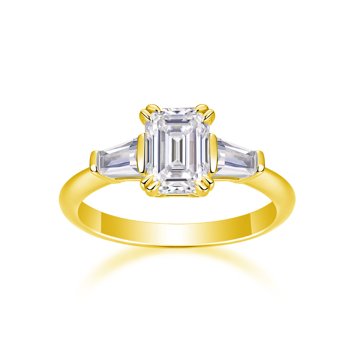 Three-stone emerald-cut moissanite ring, yellow gold vermeil, square stones in prong setting