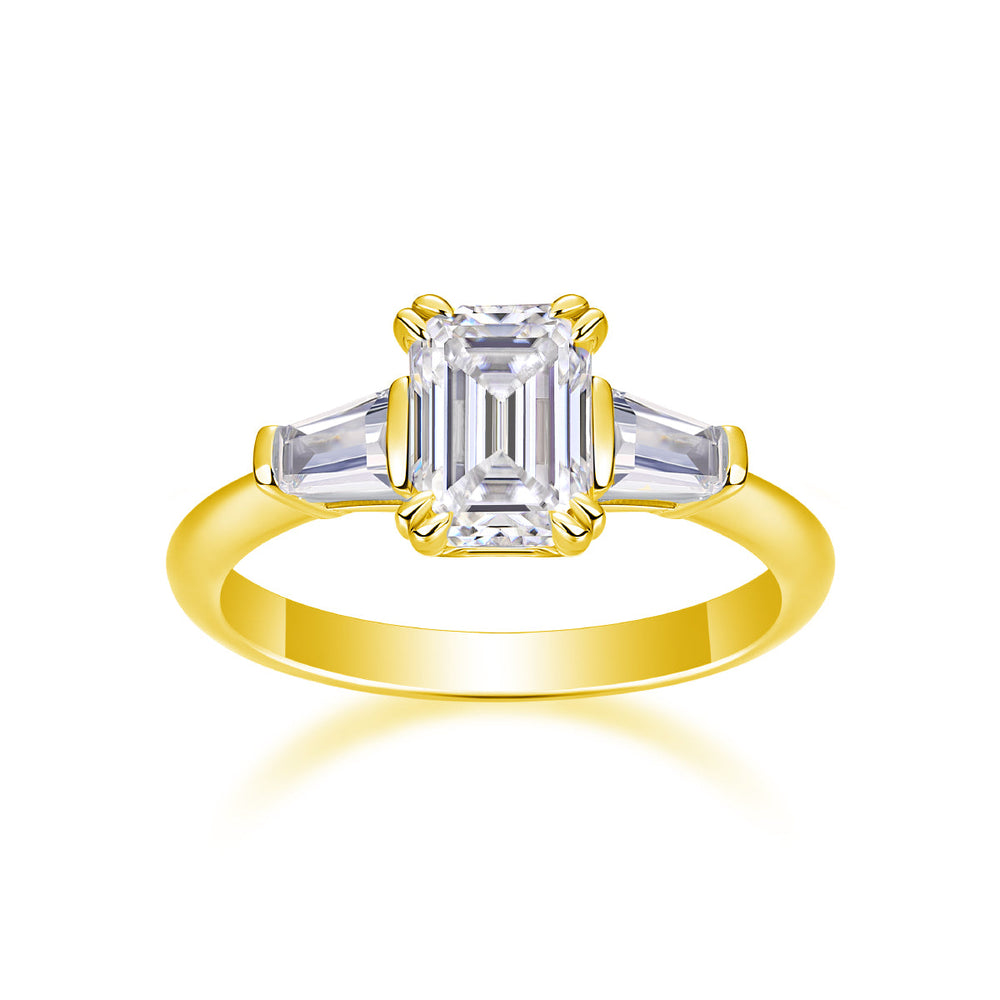Three-stone emerald-cut moissanite ring, yellow gold vermeil, square stones in prong setting