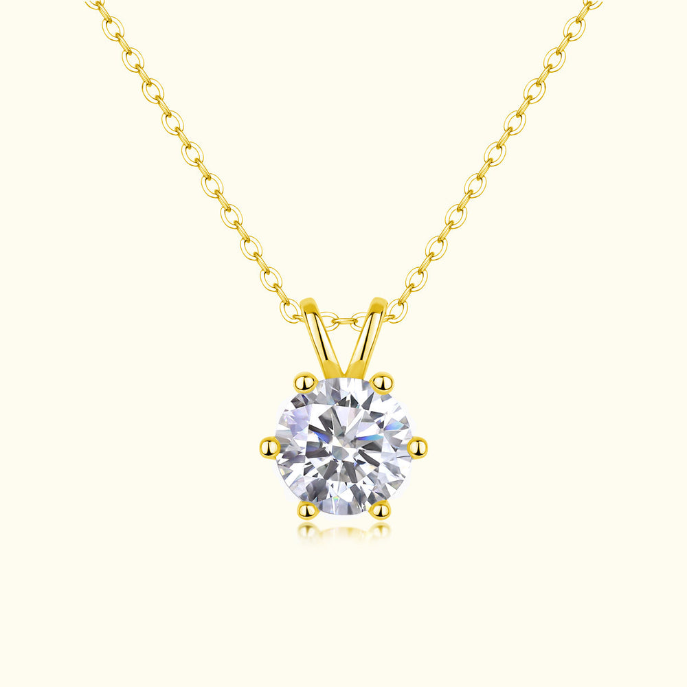 Round moissanite crown solitaire pendant, 6-prong setting, yellow gold vermeil chain