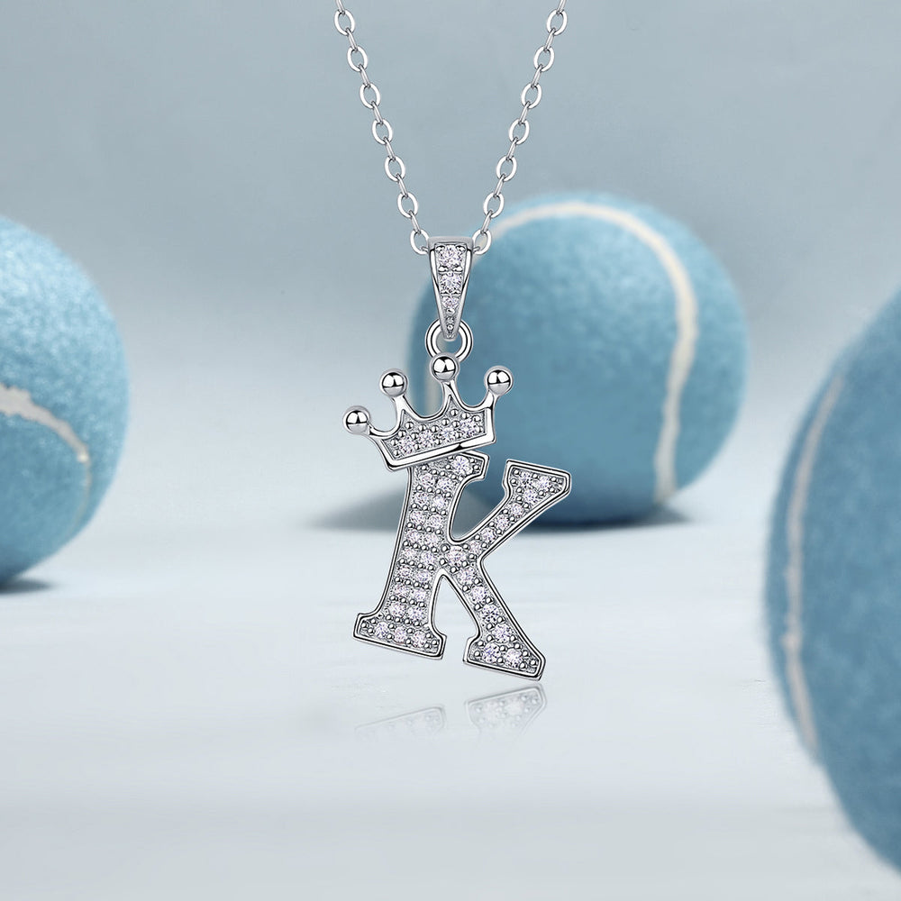 Crown letter K pendant necklace with sparkling pavé accents on white gold vermeil