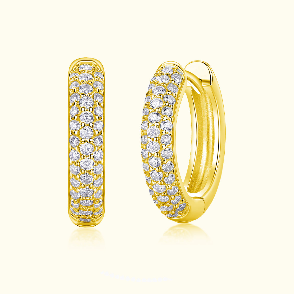 Triple row pavé moissanite huggie hoop earrings—yellow gold vermeil