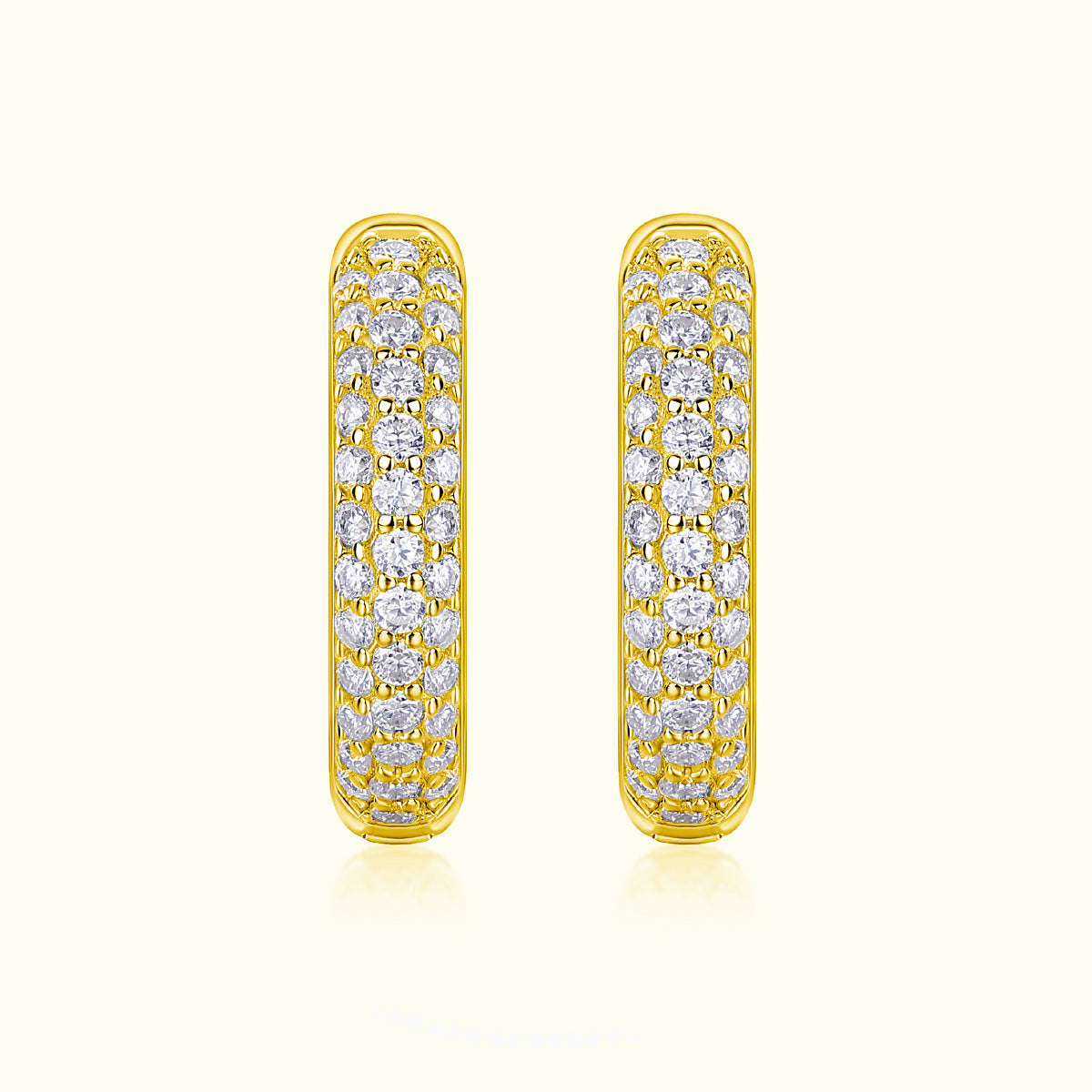 Yellow gold vermeil triple pavé moissanite huggie hoops, pair view