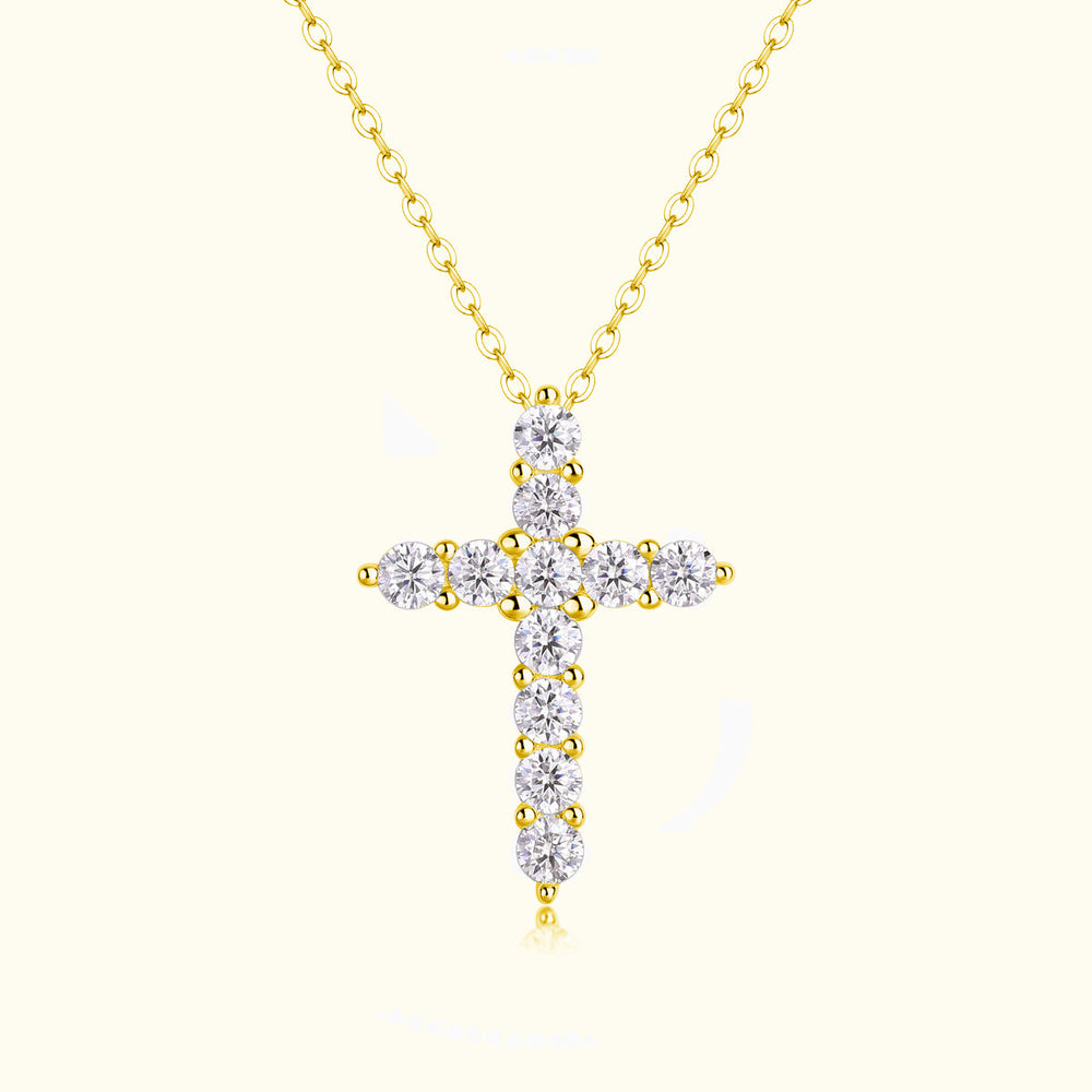Yellow gold vermeil round moissanite cross pendant with bezel-set round stones