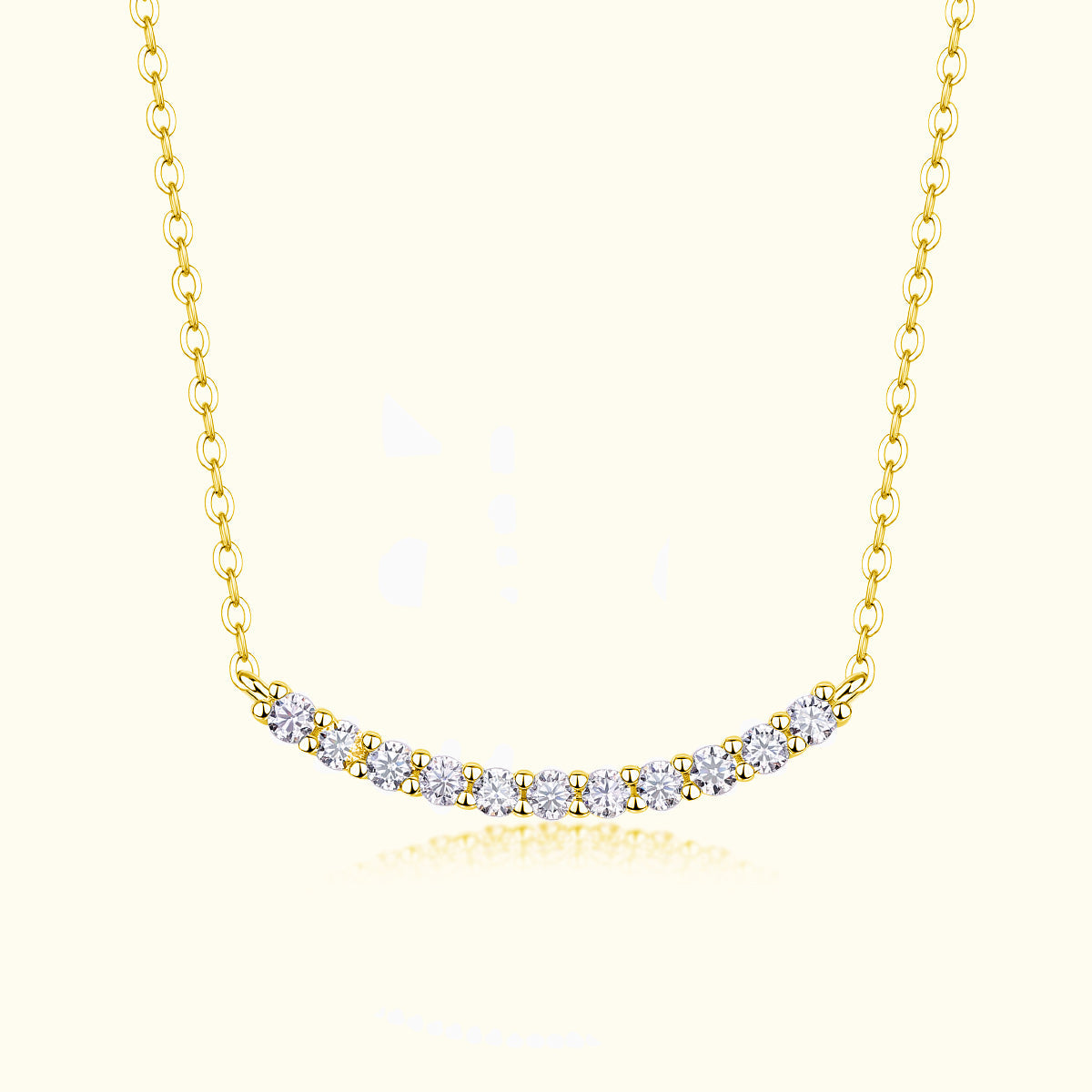 Yellow Gold Vermeil curved bar moissanite smile necklace with round sparkling stones