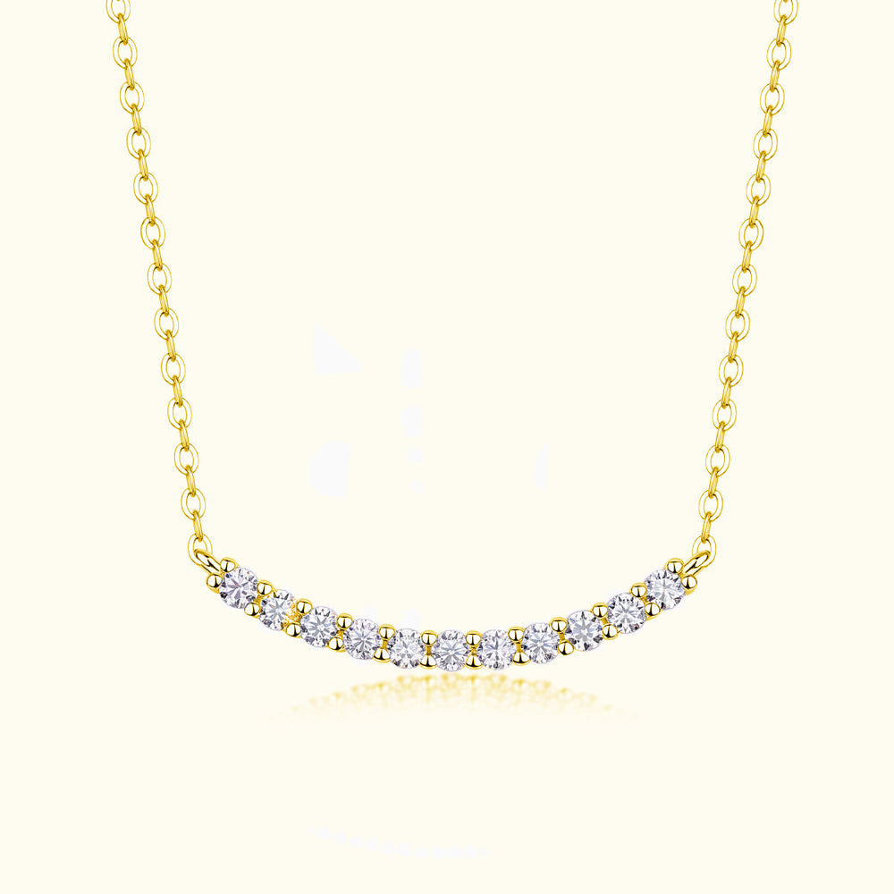 Yellow Gold Vermeil curved bar moissanite smile necklace with round sparkling stones