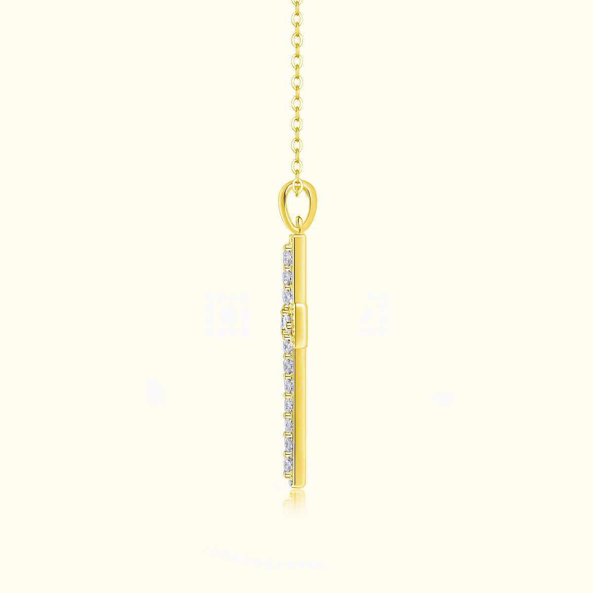 Yellow gold vermeil pavé cross pendant, side view with stone-lined border